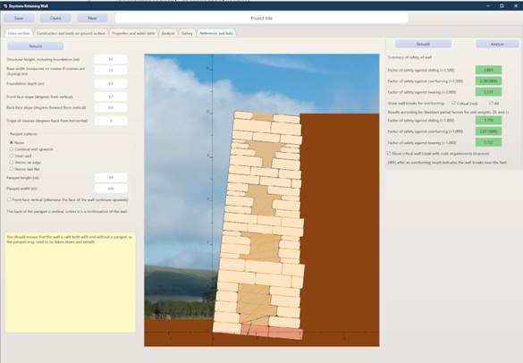 A screenshot of a program for design and assessment of drystone retaining walls